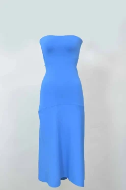 Blue paneled rayon-blend interlock knit strapless midi A-line dress