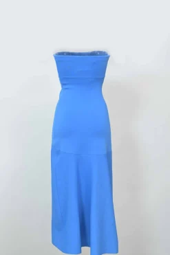 Blue paneled rayon-blend interlock knit strapless midi A-line dress