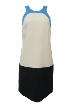 Blue paneled wool-blend colour-block racerback shift dress