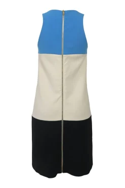 Blue paneled wool-blend colour-block racerback shift dress