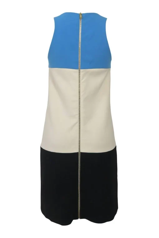 Blue paneled wool-blend colour-block racerback shift dress