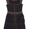 Blue polyamide-blend check bouclé tweed slit-front sleeveless A-line mini dress with hip patch pocket