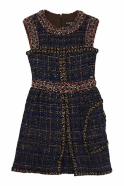 Blue polyamide-blend check bouclé tweed slit-front sleeveless A-line mini dress with hip patch pocket