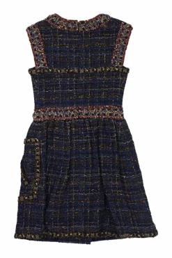 Blue polyamide-blend check bouclé tweed slit-front sleeveless A-line mini dress with hip patch pocket