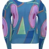 Blue polyester abstract graphic print dolman sleeve plissé top