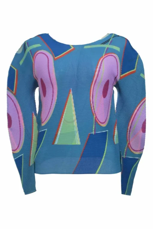 Blue polyester abstract graphic print dolman sleeve plissé top