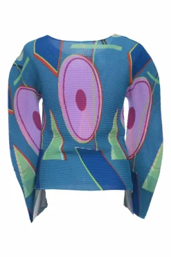 Blue polyester abstract graphic print dolman sleeve plissé top