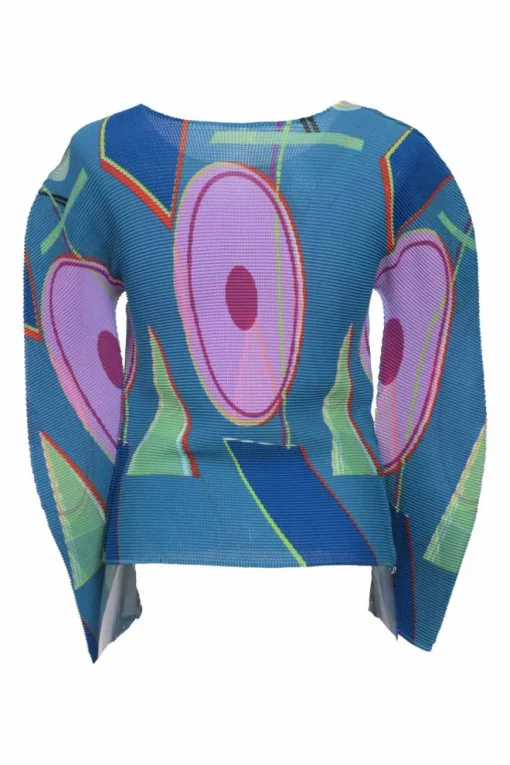 Blue polyester abstract graphic print dolman sleeve plissé top
