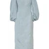 Blue polyester balloon sleeve bustier midi dress