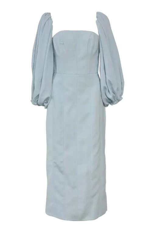 Blue polyester balloon sleeve bustier midi dress