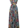 Blue polyester georgette Hibiscus floral print flutter sleeve maxi dress with side cutouts and rear lace-up fastening