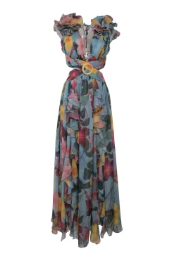 Blue polyester georgette Hibiscus floral print flutter sleeve maxi dress with side cutouts and rear lace-up fastening