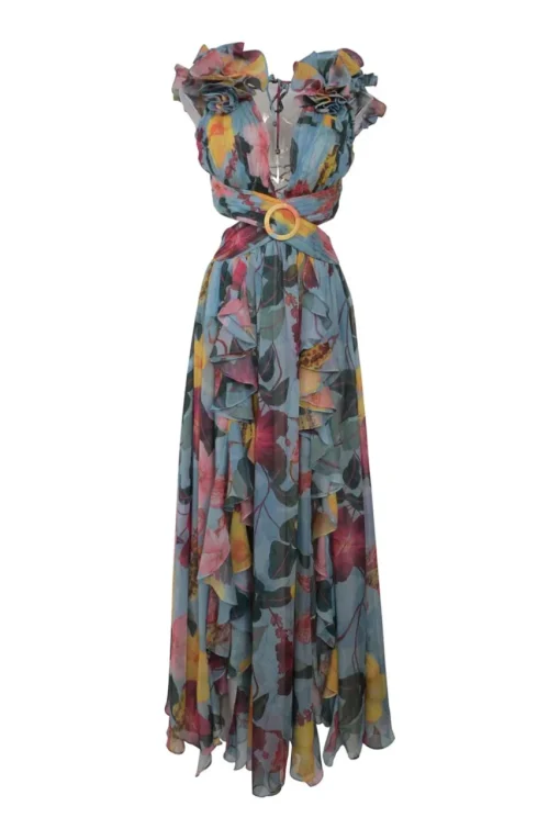 Blue polyester georgette Hibiscus floral print flutter sleeve maxi dress with side cutouts and rear lace-up fastening