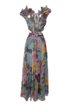 Blue polyester georgette Hibiscus floral print flutter sleeve maxi dress with side cutouts and rear lace-up fastening