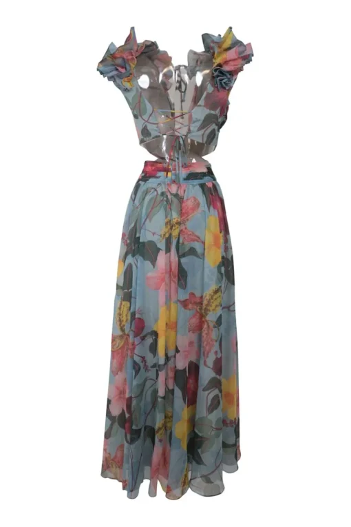 Blue polyester georgette Hibiscus floral print flutter sleeve maxi dress with side cutouts and rear lace-up fastening