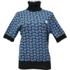 Blue polyester graphic jacquard knit turtleneck half-sleeve top with logo patch motif