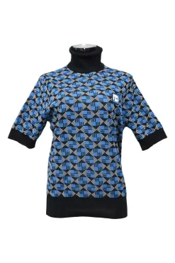 Blue polyester graphic jacquard knit turtleneck half-sleeve top with logo patch motif