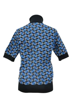 Blue polyester graphic jacquard knit turtleneck half-sleeve top with logo patch motif
