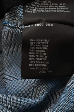 Blue polyester graphic jacquard knit turtleneck half-sleeve top with logo patch motif