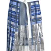 Blue polyester mixed-media plaid pull-on A-line wrap-front apron-style midi skirt