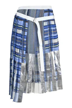 Blue polyester mixed-media plaid pull-on A-line wrap-front apron-style midi skirt