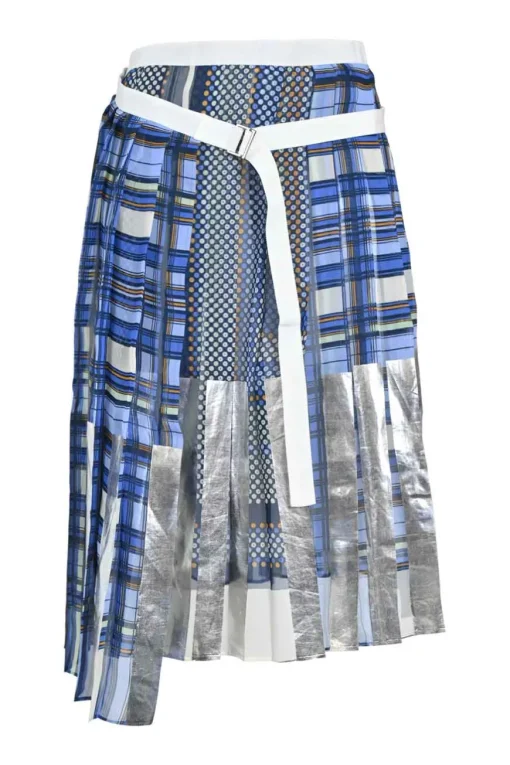 Blue polyester mixed-media plaid pull-on A-line wrap-front apron-style midi skirt