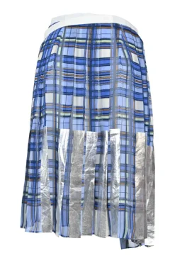 Blue polyester mixed-media plaid pull-on A-line wrap-front apron-style midi skirt