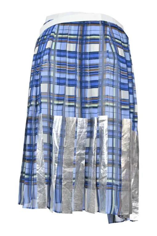 Blue polyester mixed-media plaid pull-on A-line wrap-front apron-style midi skirt