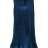 Blue polyester ruffle neck plissé swing dress with ribbon-tie fastening at centre front