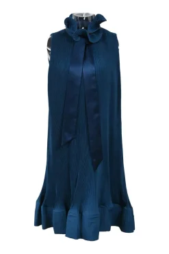 Blue polyester ruffle neck plissé swing dress with ribbon-tie fastening at centre front