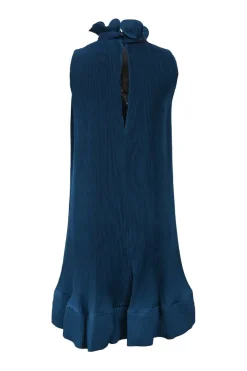 Blue polyester ruffle neck plissé swing dress with ribbon-tie fastening at centre front