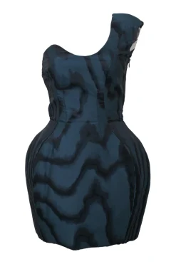 Blue polyester-blend abstract jacquard sclupted one-shoulder bustier bubble mini dress