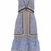 Blue polyester-blend floral guipure lace collared flutter sleeve illusion midi dress with plunge neck and ruffled hem