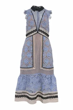 Blue polyester-blend floral guipure lace collared flutter sleeve illusion midi dress with plunge neck and ruffled hem