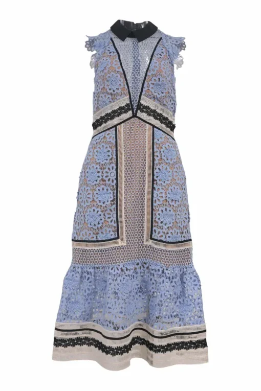 Blue polyester-blend floral guipure lace collared flutter sleeve illusion midi dress with plunge neck and ruffled hem