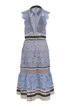 Blue polyester-blend floral guipure lace collared flutter sleeve illusion midi dress with plunge neck and ruffled hem