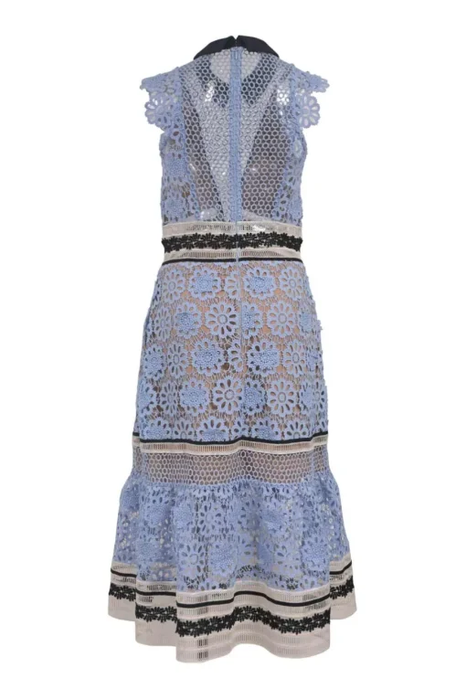 Blue polyester-blend floral guipure lace collared flutter sleeve illusion midi dress with plunge neck and ruffled hem