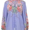 Blue ramie floral print high-collar button-loop tunic top with blouson sleeves