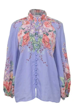 Blue ramie floral print high-collar button-loop tunic top with blouson sleeves
