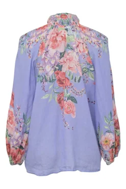 Blue ramie floral print high-collar button-loop tunic top with blouson sleeves
