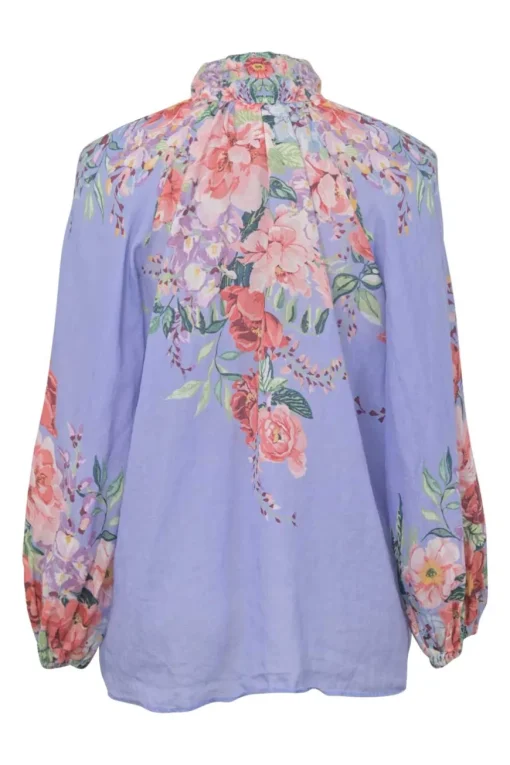 Blue ramie floral print high-collar button-loop tunic top with blouson sleeves