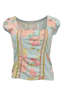 Blue rayon-blend floral stays Trompe L'œil print square-neck cap sleeve knit top