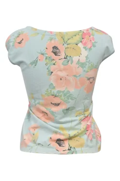 Blue rayon-blend floral stays Trompe L'œil print square-neck cap sleeve knit top