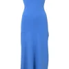 Blue rayon-blend interlock jersey knit strapless midi dress
