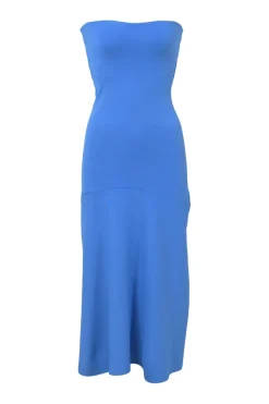 Blue rayon-blend interlock jersey knit strapless midi dress