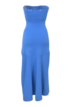Blue rayon-blend interlock jersey knit strapless midi dress