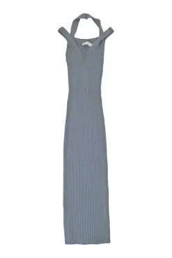 Blue rayon-blend seamless rib knit Miriam cutout halter midi sheath dress