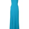 Blue rayon-blend sleeveless maxi dress with cutout neckline and built-in necklace