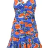Blue ruched cotton-blend painterly clementine print Havana drop-waist bustier mini dress with elasticated straps and tier ruffle skirt