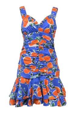 Blue ruched cotton-blend painterly clementine print Havana drop-waist bustier mini dress with elasticated straps and tier ruffle skirt